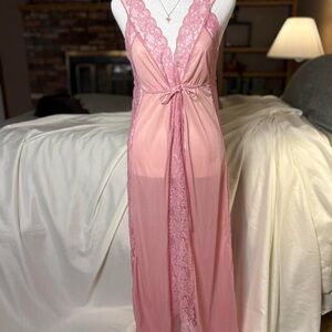 Sheer Rosy Pink Vintage Lace Maxi Slip Night Gown S